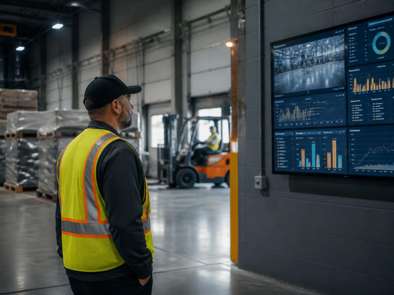 Facility supervisor reviewing an operations dashboard inside a transload warehouse