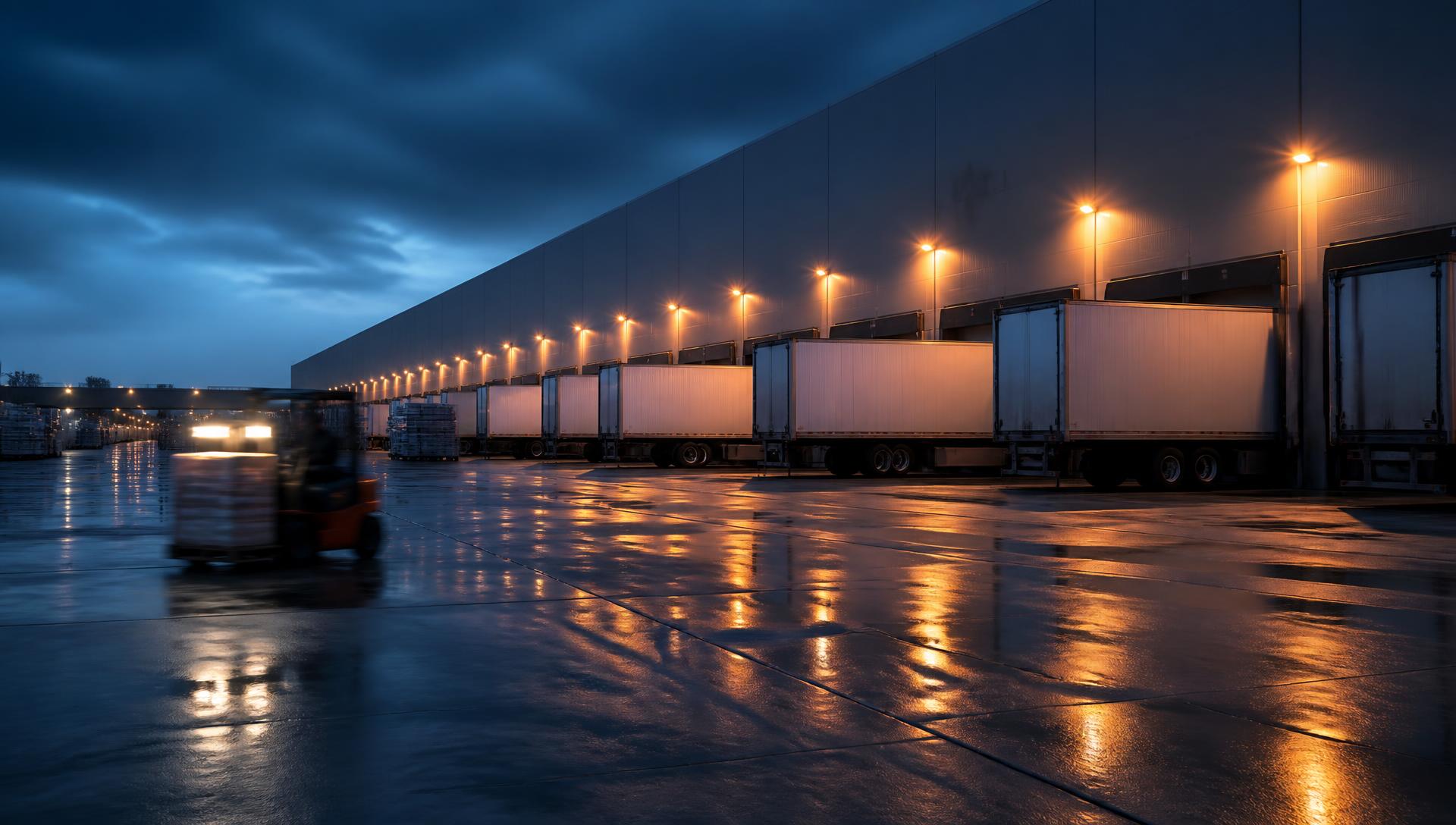 Trailers backed into a row of lit loading dock doors at dusk